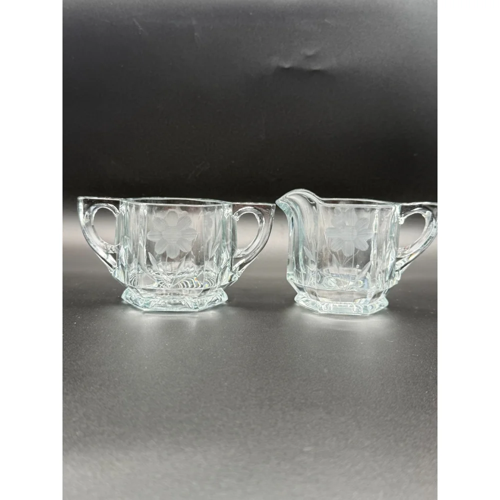 Vintage Heavy Glass Hexagon Creamer and Sugar Bowl Set Etched Floral Daisy
